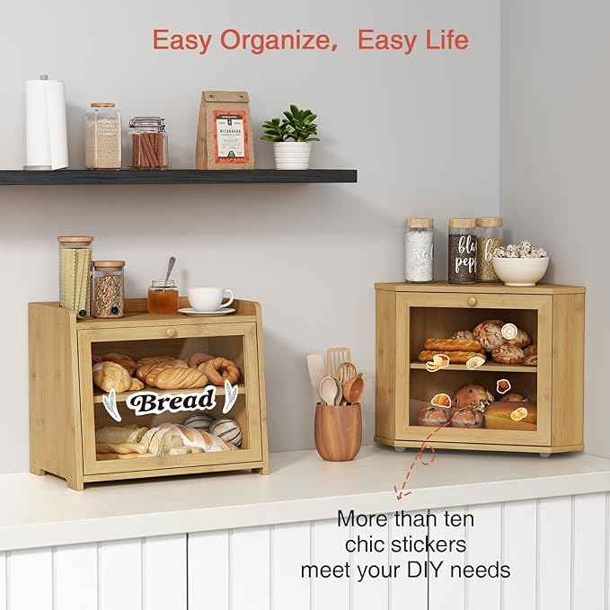 Goozii Bamboo Corner Bread Box for Kitchen Counter, 2 Tier Bread Keeper Wooden Round, Farmhouse Bread Storage Bin for Kitchen Countertop, Counter Organizer for Bread, Cup, Fruit, Spice, Snack