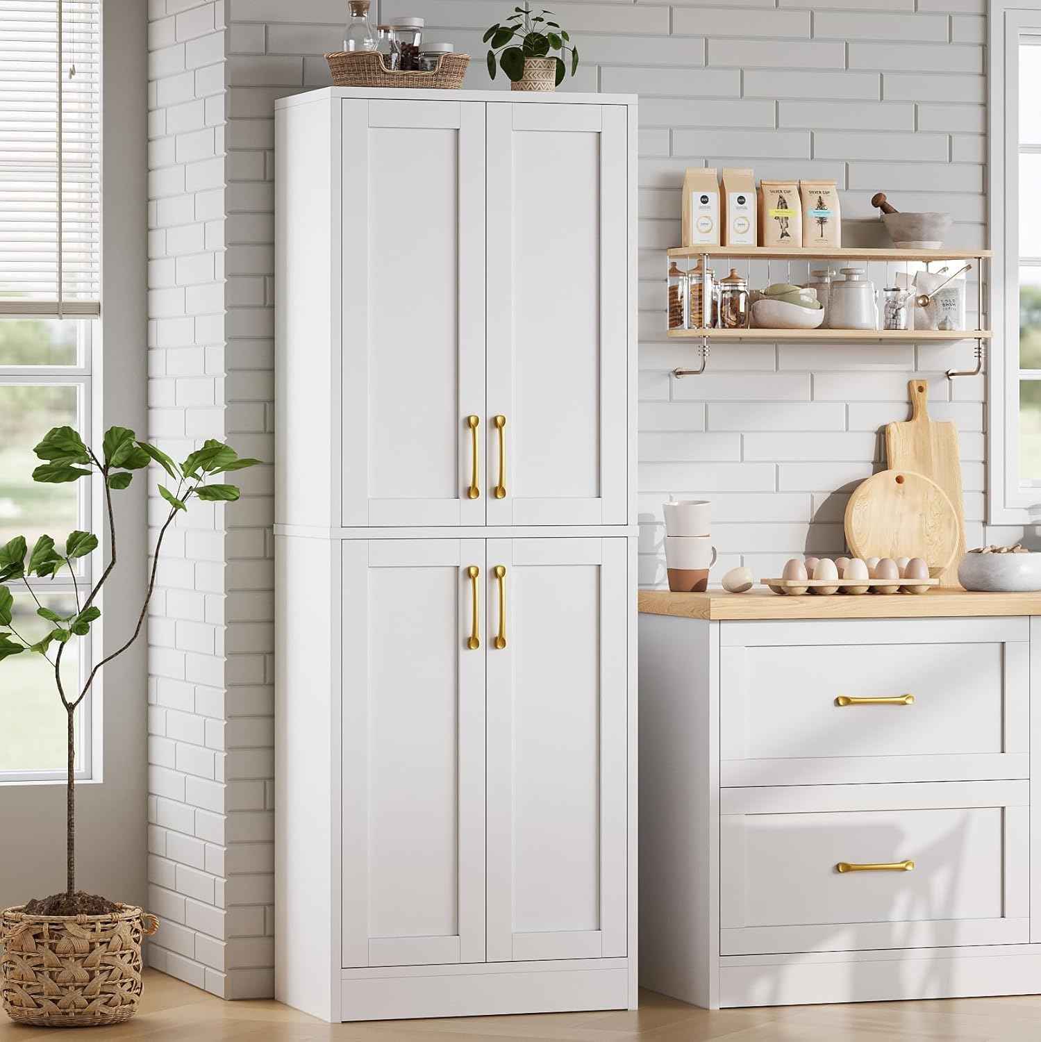 Pantry - Kitchen Pantry Cabinet with 4 Doors and Adjustable Shelves, Tall Black Cabinet Freestanding Storage Cupboard for Dining Room Living Room, Laundry, Bathroom (White)