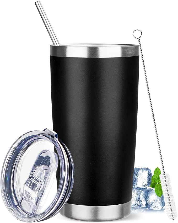 20 oz Tumbler with Lids and Straws, Stainless Steel Insulated Travel Coffee Mug, Double Wall Vacuum Insulated Tumblers, Powder Coated Coffee Tumbler for Cold & Hot Drinks (Black)