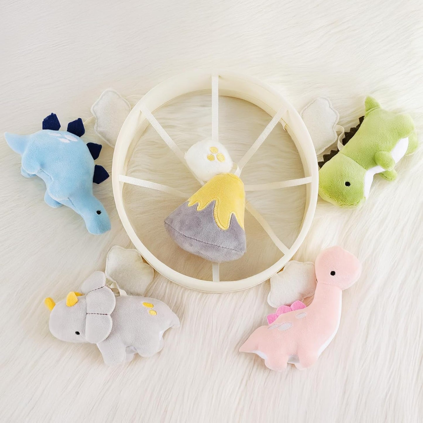 Dinosaur Crib Mobile – Beige Dino Baby Crib Mobile with 3-Mode Music Box, Nursery Mobile with Triceratops, T-Rex, Volcano, Fits Standard Cribs