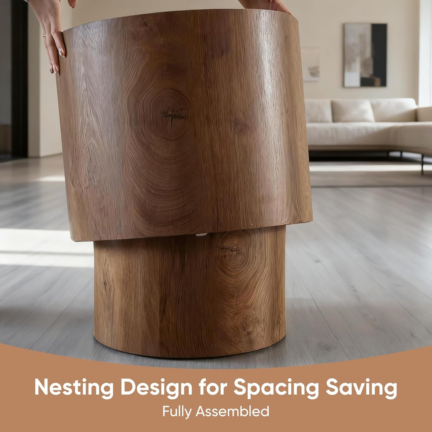Nesting Round Coffee Table Set of 2, Accent End Table for Small Spaces, Morden Drum Side Table, Wooden Circle Center Table for Living Room, Fully Assembled - Light Walnut