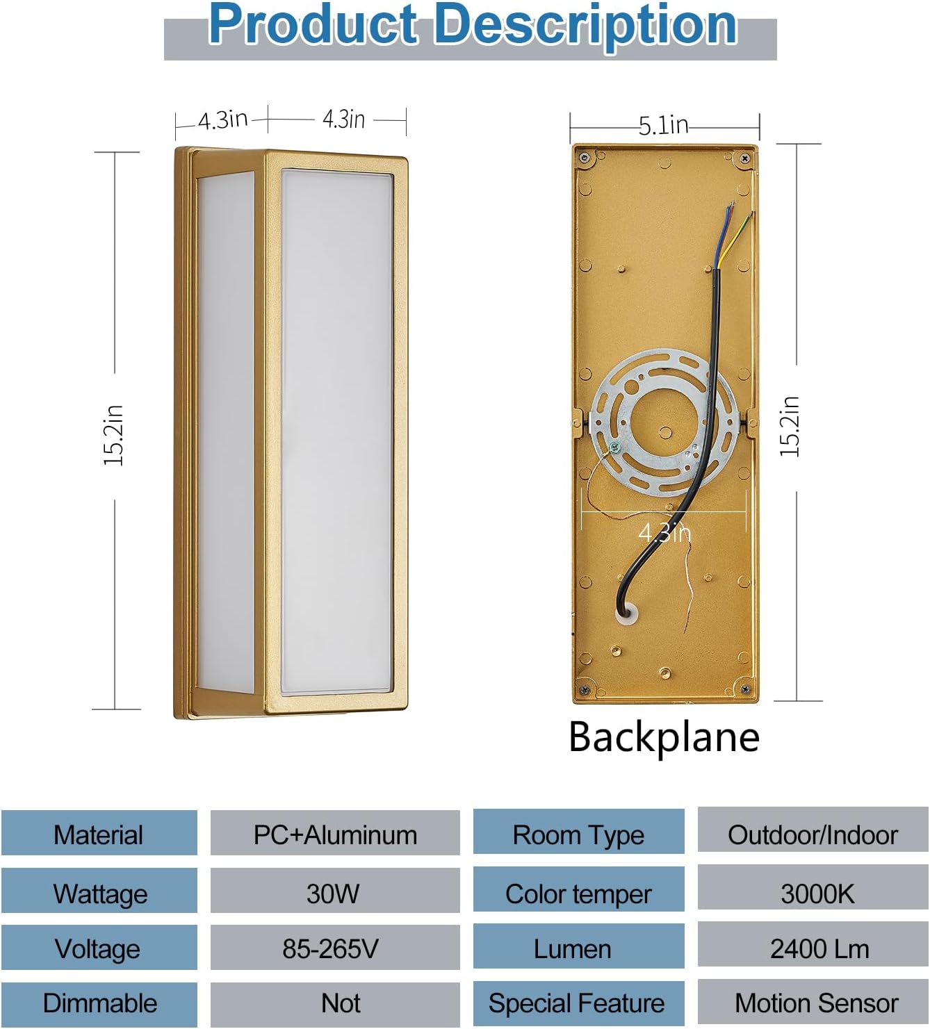 Motion Sensor Outdoor Wall Sconce LED 30W Aluminum - Gold Modern Exterior Light Fixture, 3000K Warm,IP65 Waterproof Rectangular Porch Lighting,for Patio,Garage,Front Door