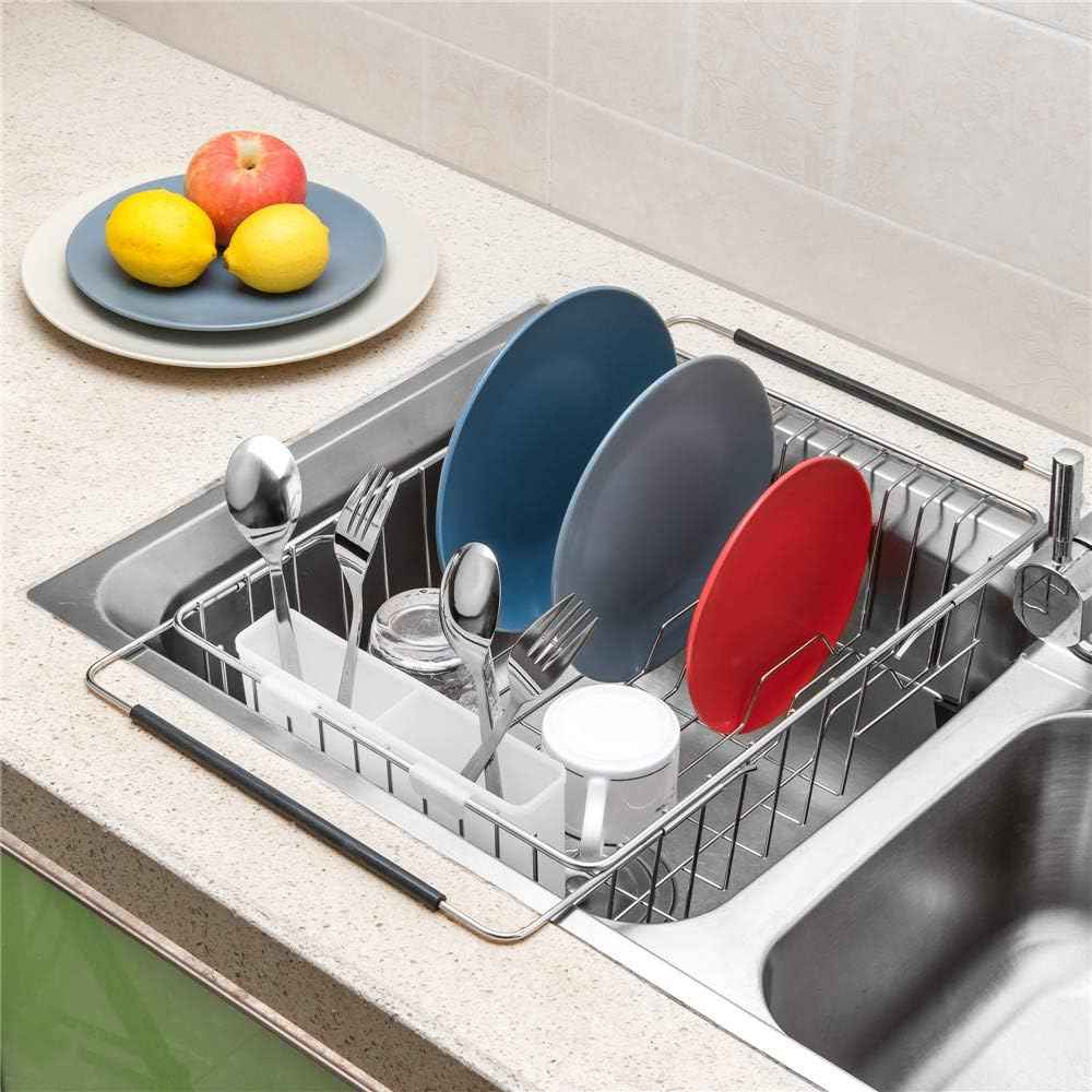 SANNO Large Expandable Dish Drying Rack Sink Dish Rack in Sink or On Counter, Dish Drainer Rustproof Stainless Steel with White Utensil Silverware Storage Holders