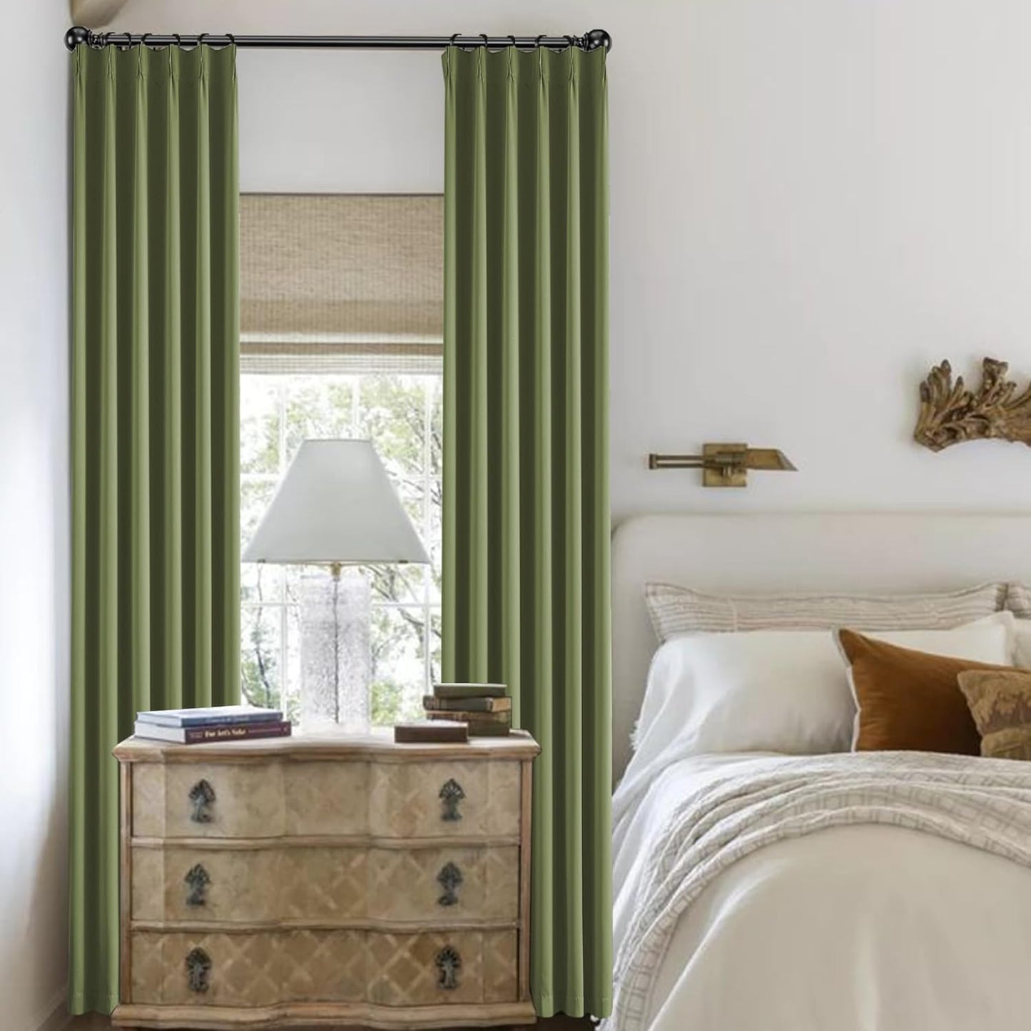 KangBang Sage Green Pinch Pleat Blackout Curtains 96 Inches Long for Living Room, Pinch Pleated Room Darkening Privacy Assured Draperies Memory Shape Panels for Bedroom Kitchen,2 Panels,40Wx96L
