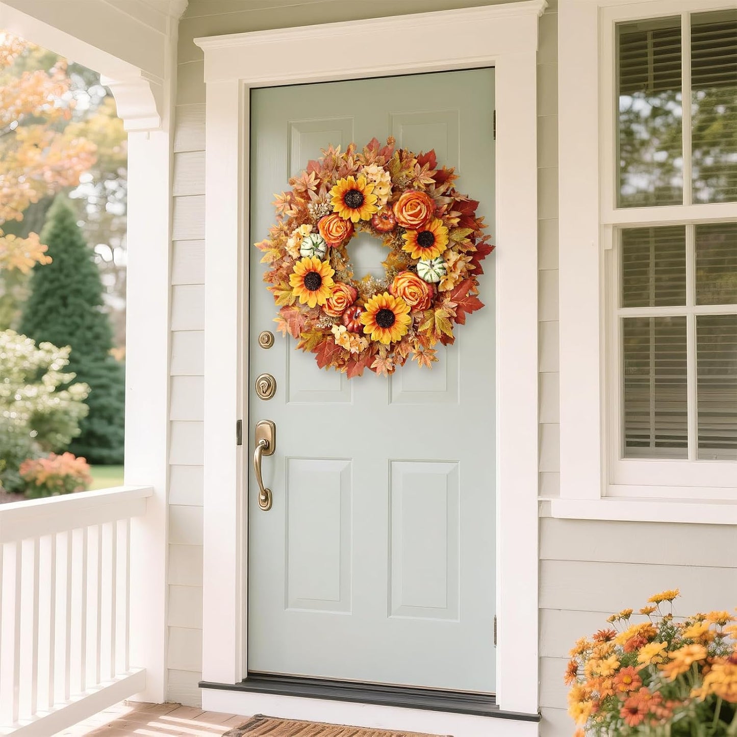 28'' Large Fall Wreath for Front Door, Porch, Window- Artificial Maple Leaves Fake Pumpkins Faux Rose Sunflower Outdoor Autumn Wreath for Home, Farmhouse Wall Thanksgiving Day Harvest Festival Decor
