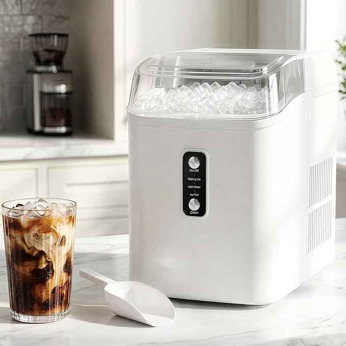 Nugget Ice Maker Countertop, 6-Min Fast Chewable Pellet Ice, 24lbs/24H Portable Ice Machine with Self-Cleaning, Ice Full & Low Water Indicator, Basket & Scoop for Home, Party, RV, Camping (White)
