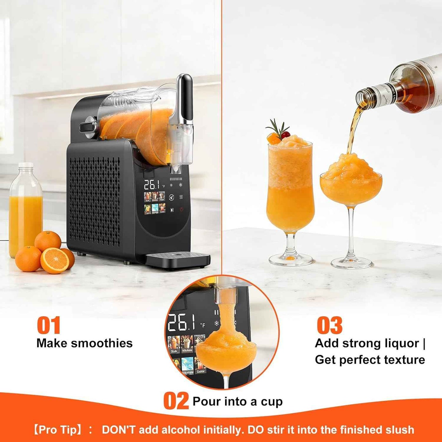 Slushie Machine No Ice Needed, Auto-Clean, Slushy Machine for Home, 220W Quick Frozen Drink Maker with 6 Preset Programs for Margaritas, Frappés, Milk Shake and More, LED Display, Black, 88oz