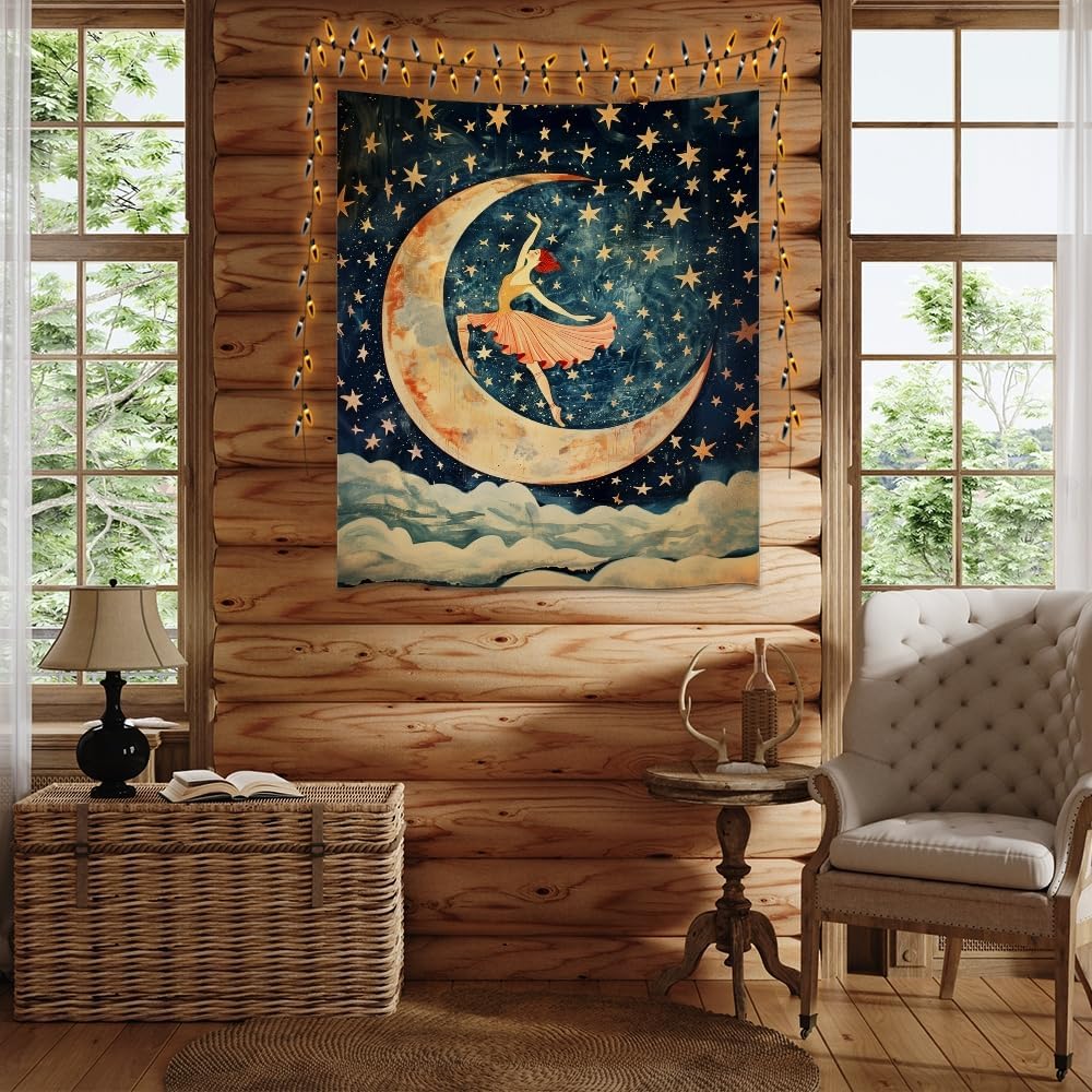 Dancer on the Moon Tapestry Starry Night Sky Art Print Dark Academia Gothic Aesthetic Wall Hanging Stars Moon Clouds Tapestries Whimsical Wall Decor for Nursery Bedroom 30x40inch