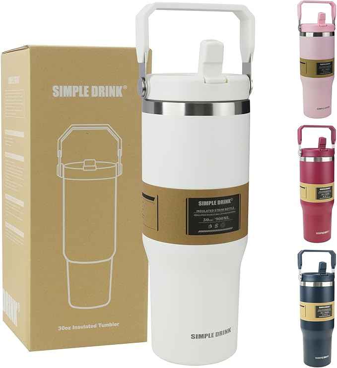 30oz Flip Straw Insulated Water Bottle with Handle, Leak Proof Stainless Steel Travel Coffee Mug, Double Wall Vacuum Tumbler for Cold Drinks, Gym Office Travel Essentials