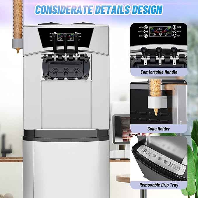 Commercial 2+1 Flavors Ice Cream Machine 5.8 to 8 Gal per Hour, 2200W Vertical Soft Serve with LCD Display, Auto Clean, High Productivity, Perfect for Restaurant