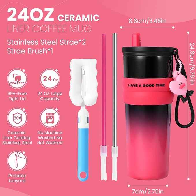 24 oz Stainless Steel Tumbler with Straw, Water Bottle Leak Proof for Hot and Cold, Pink Black Insulated Coffee Travel Mug, Ceramic Lined Tumbler, Reusable Thermal Coffee Cup Gift for Women