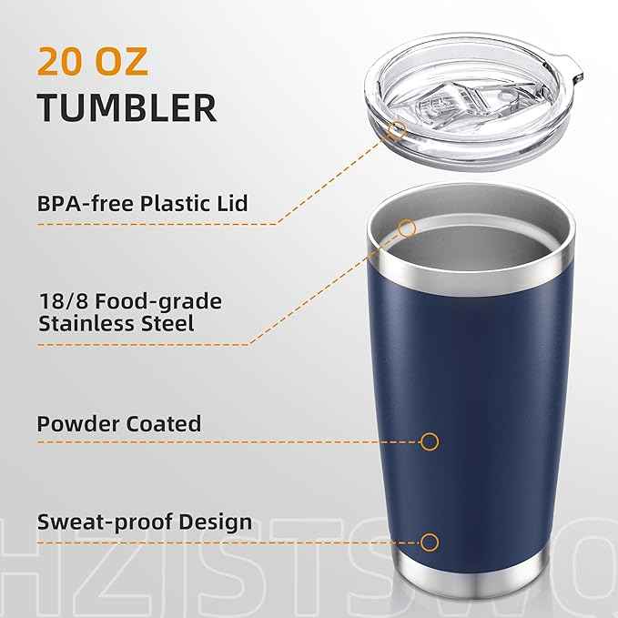 20 oz Tumbler with Lid Stainless Steel Insulated Tumblers Double Wall Vacuum Coffee Mug Powder Coated Tumbler Cups for Cold and Hot Drinks, Navy, 1 pack