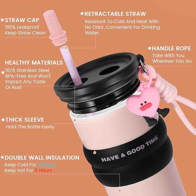 24 oz Stainless Steel Tumbler with Straw, Water Bottle Leak Proof for Hot and Cold, Pink Insulated Coffee Travel Mug, Girls Ceramic Lined Tumbler, Reusable Thermal To Go Coffee Cup Gift for Women