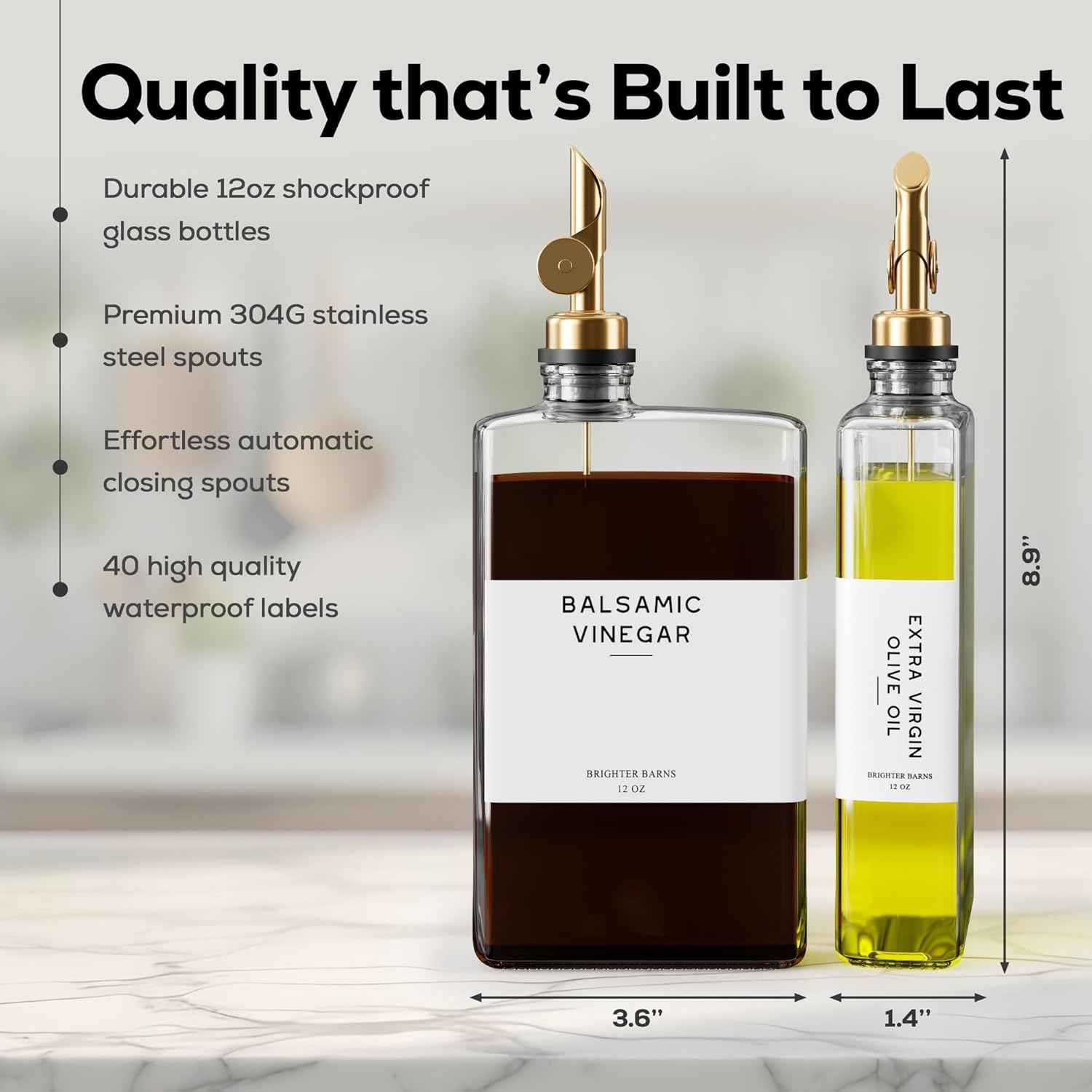 Glass Olive Oil Dispenser Bottle for Kitchen by Brighter Barns - Coffee Syrup Dispenser, Oil and Vinegar Bottle - Modern Kitchen Essentials for Restaurants, Coffee Bar, Airbnb (Clear/Gold, Set of 2)