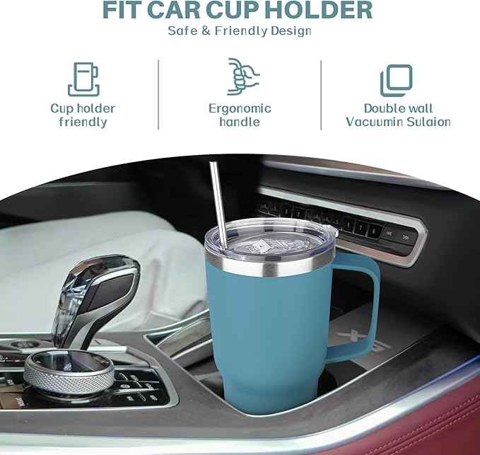 30 oz Tumbler with Handle, Stainless Steel Insulated Tumbler with Lid and Straw, Double Wall Vacuum Coffee Mug Tumbler, Insulated Coffee Thermal Cup for Cold and Hot (Maya Blue)