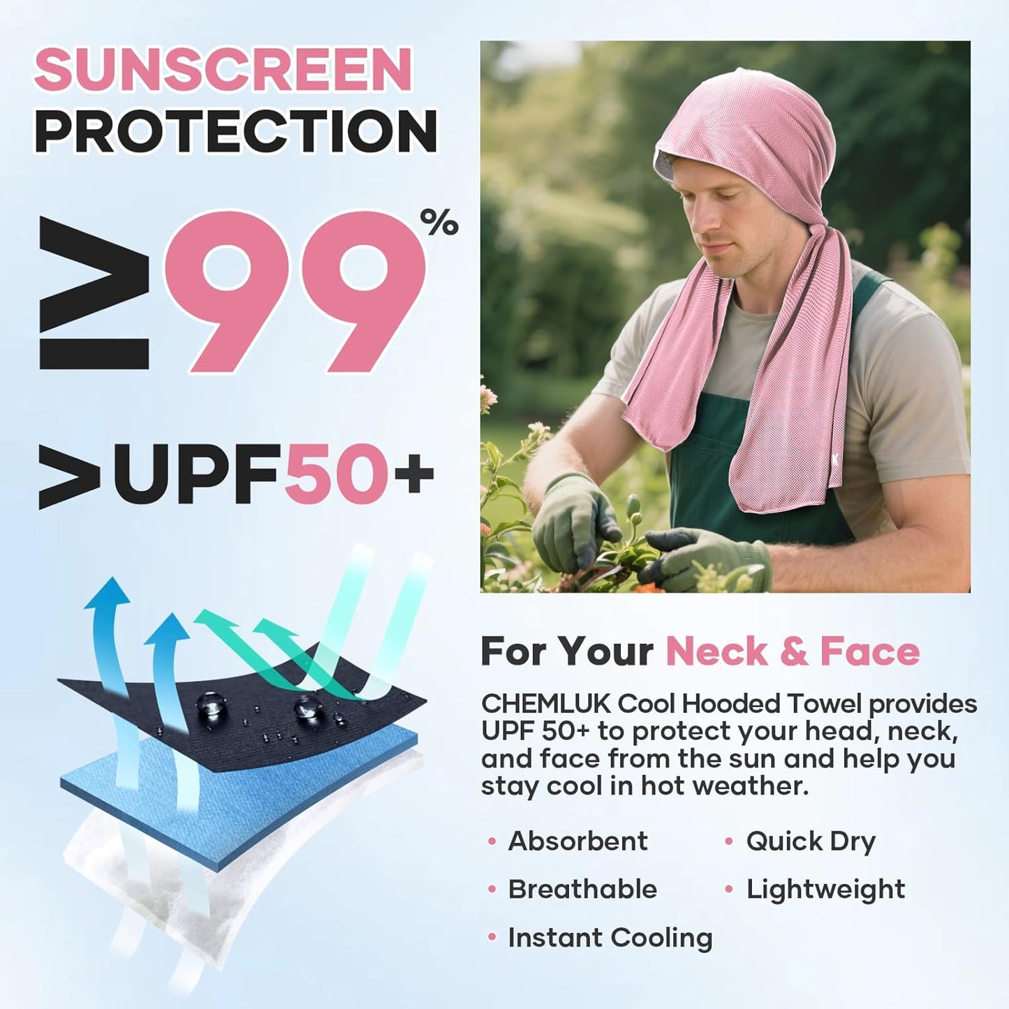 Cooling Hoodie Towel Women: Cooling Towels for Neck and Face, Instant Cool When Wet, UPF 50 Sun Protection, Cool Towel for Hot Weather, Great for Sports, Gym, Golf, Camping - Pink
