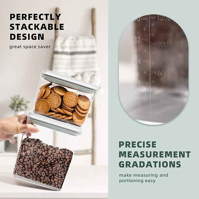 Airtight Food Storage Containers with Lids - 10PCS Stackable Modular Pantry Organization and Storage Set for Flour, Spaghetti & Cereal - Clear Kitchen Canisters with Measurement Scales