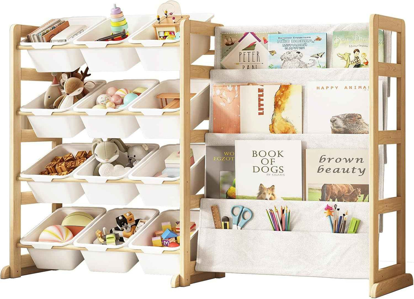 EXPERLAM Toy Storage Organizer with Bookshelf - 12 Storage Bins 4-Tier Multipurpose Shelf to Organize Toys and Books for Kids Room, Playroom, Nursery Room, White
