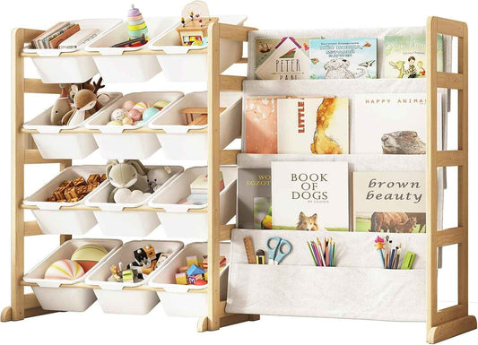 EXPERLAM Toy Storage Organizer with Bookshelf - 12 Storage Bins 4-Tier Multipurpose Shelf to Organize Toys and Books for Kids Room, Playroom, Nursery Room, White