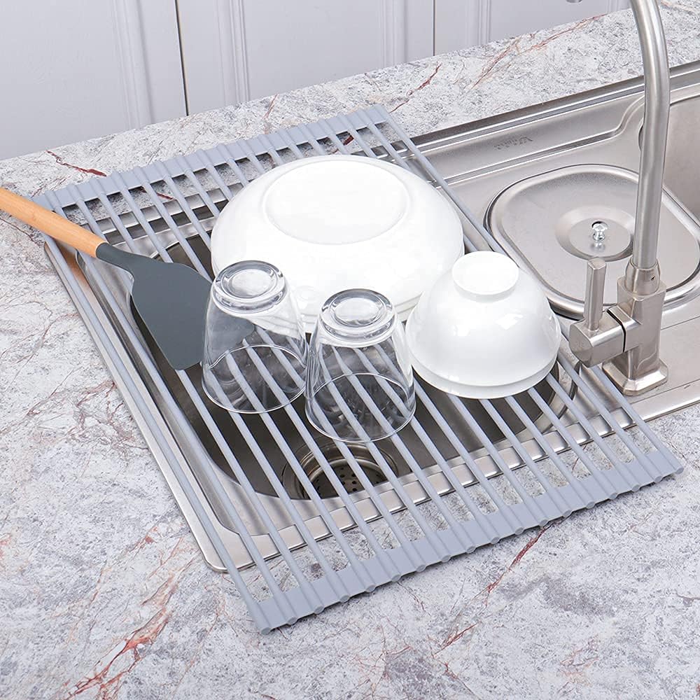 20.5 inches L x 13 inches W Roll-Up Dish Drying Rack Large Over The Sink , Heat-Resistant Anti-Slip Silicone Coated Stainless Steel Dish Drainer Multipurpose for Kitchen Counter, Gray