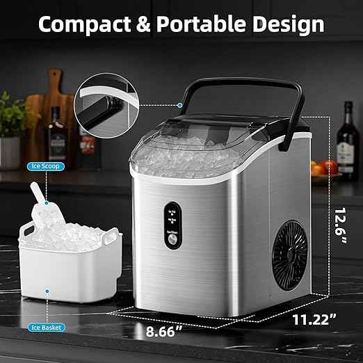 Antarctic Star Nugget Ice Maker Countertop with Soft Chewable Ice, Portable Sonic Ice Maker with Basket and Scoop, Removable Top Cover, Auto-Cleaning for Home/Party/RV/Camping (Stainless Steel Silver)