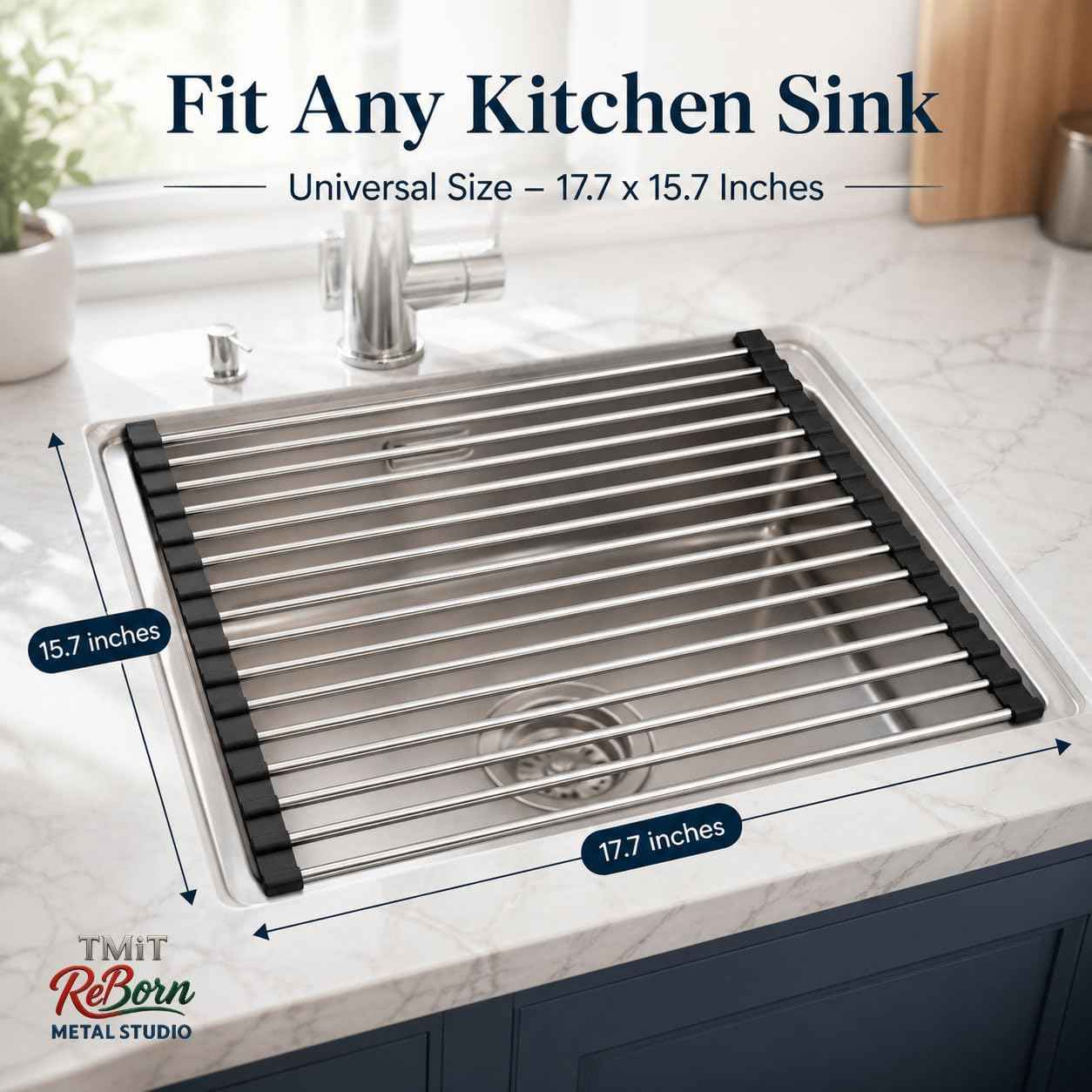 Over the Sink Roll Up Dish Drying Rack – Stainless Steel Collapsible Dish Drainer, Kitchen Sink Organizer for Counter & Sink, 17.7" x 15.7