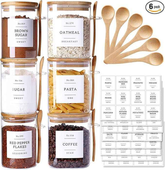 CZSZYGHBAO 6 Pack Glass Jars with Bamboo Lid and Spoons - 17Oz/27Oz Borosilicate Glass Jars with 132 Pantry Labels - for Coffee Beans, Tea, Sugar & More