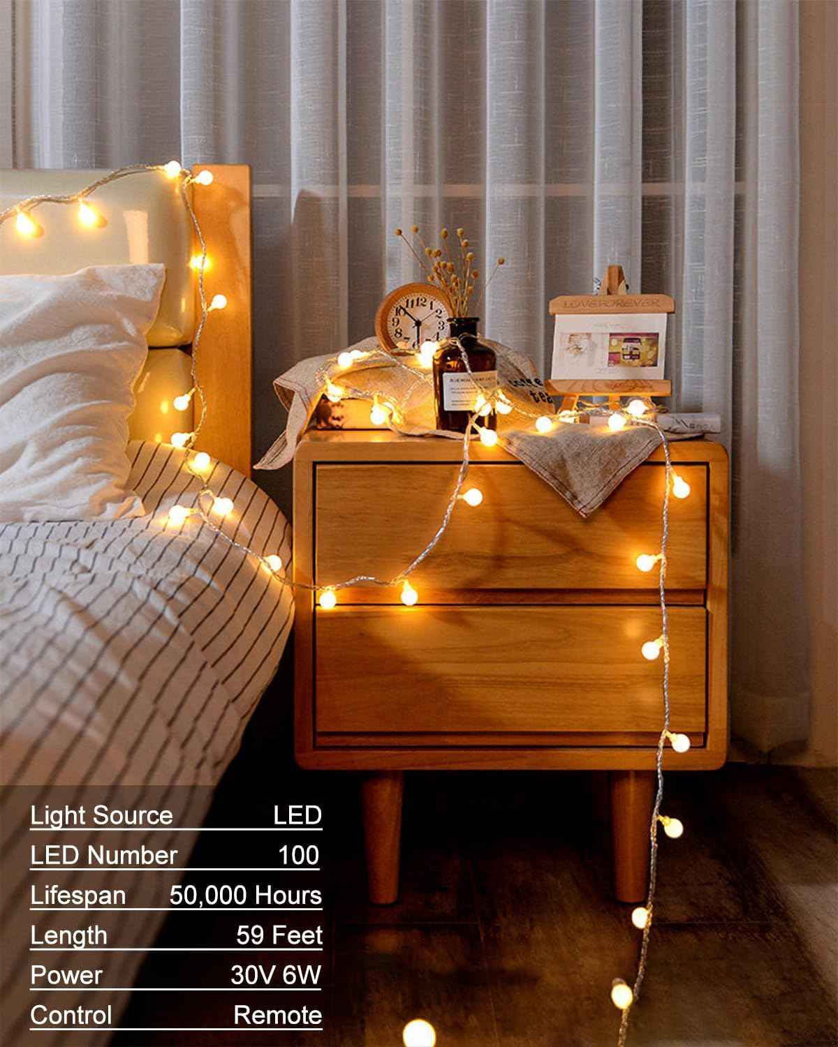 Globe String Lights, 59 Ft 100 LED Christmas Lights with Remote Timer, Connectable Plug in Twinkle Lights for Bedroom Wedding Classroom Indoor Outdoor Decor, Warm White