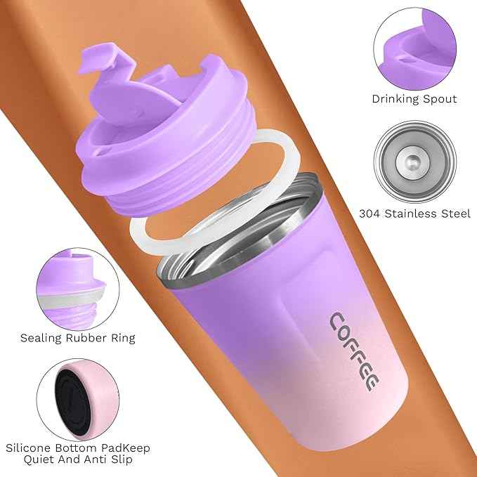 SPLMIFA Travel Coffee Mug Leak-Proof, Reusable Coffee Cups with Lid, Stainless Steel Vacuum Insulated Coffee Tumblers, Thermal Insulation Cup for Men and Women Hot & Cold Drinks(2nd-Purple Pink, 12OZ)