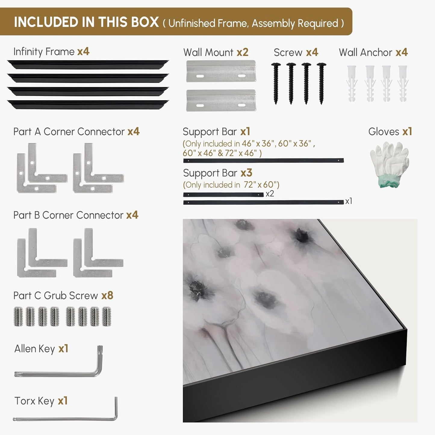 46"x72" Extra Large Framed Wall Art Soft White Poppies Watercolor Floral, Delicate Botanical for Home Living Room Bedroom Decor (Frame Assembly Required)