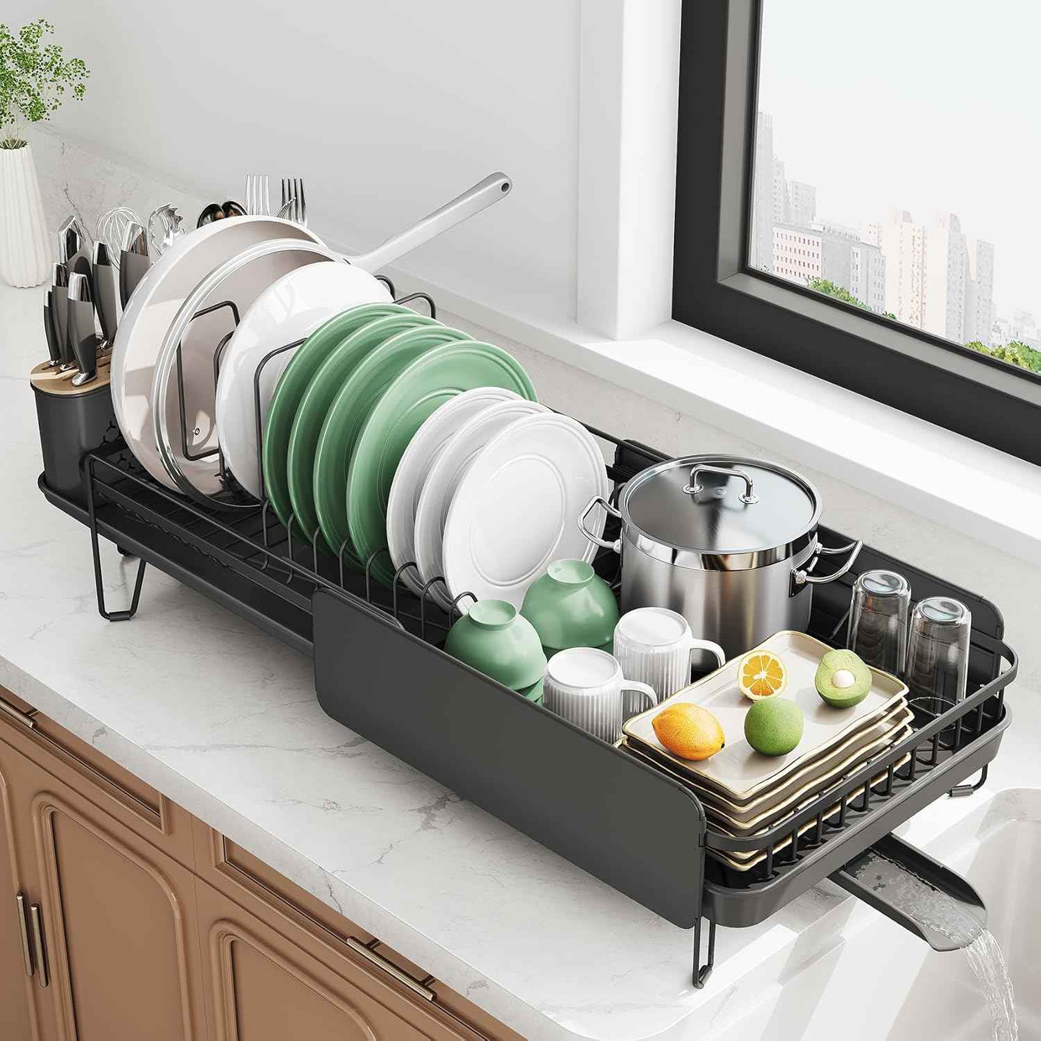 SNTD Large Dish Drying Rack - Expandable (19.3" to 29.4") Dish Rack for Kitchen Counter, Stainless Steel Dish Drainer with Utensil Holder, Pan Holder & Pot Lid Holder (Black)