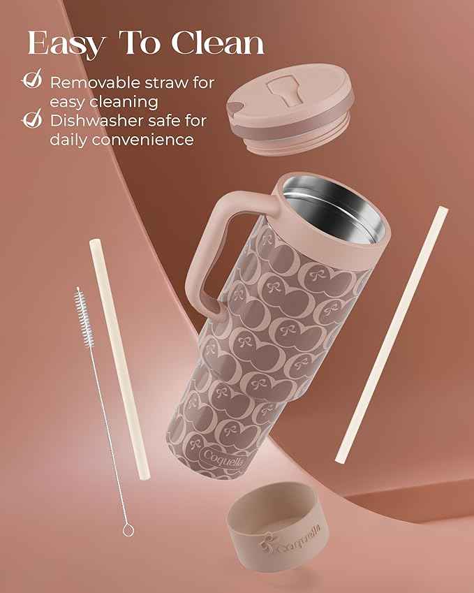 40 oz Insulated Tumbler with Handle and Push-Button Straw Lid, Stainless Steel Travel Cup for Gym Office, Leakproof, BPA-Free, Cup Holder Friendly, Bow Silicone Boot, Brown (C’ Espresso)