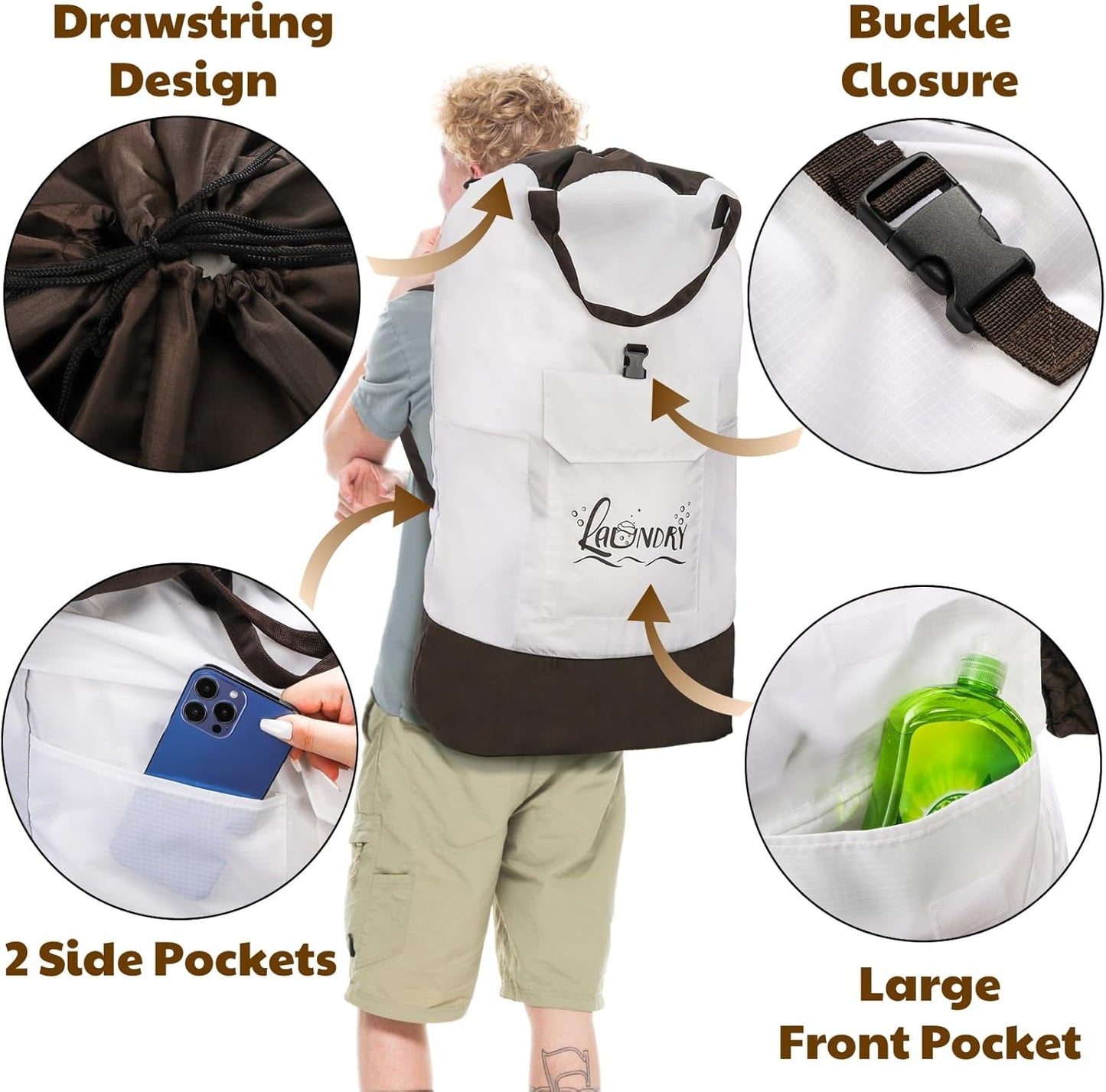 Backpack Laundry Bag, 125L Extra Large College Laundry Backpack with Shoulder Straps, Heavy Duty Dirty Clothes Hamper Bag, Drawstring Travel Laundry Bag for Dorm Apartment Laundromats, White