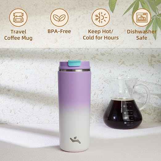 Konokyo Tumbler with Lid, 16 oz Travel Coffee Mug Double Wall Vacuum Stainless Steel Thermal Metal Cup Insulated Water Bottle,PurpleWhite