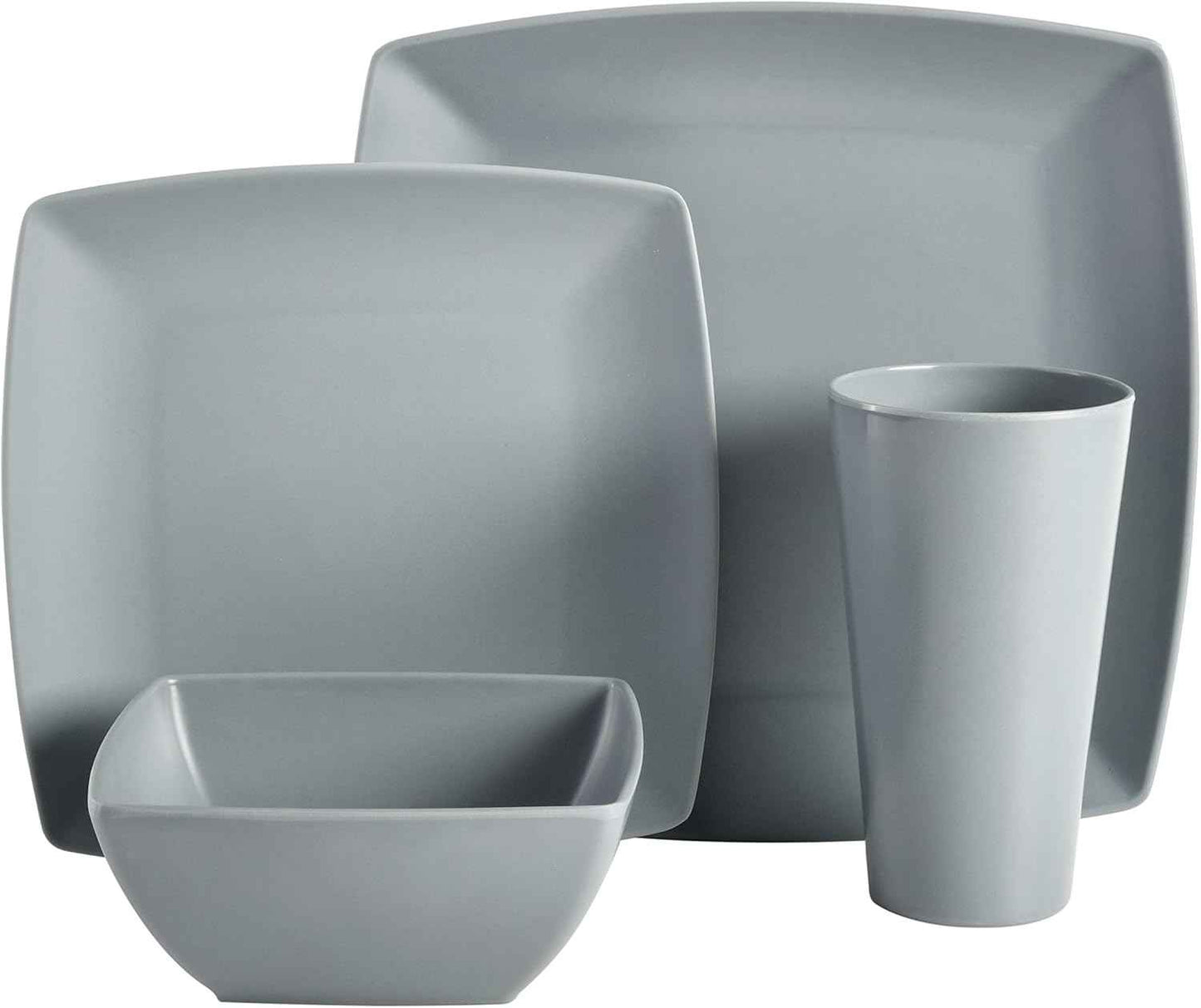 Gibson Home Soho Grayson Square Melamine Plastic Dinnerware Set, Service for Four (16pcs), Grey