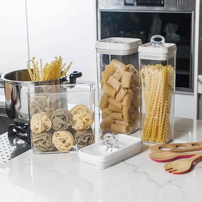 Felli Flip Tite TALL Storage Container with Lid 4" Air Tight Easy Open Ring Top, Clear Acrylic Skinny Canister Jar for Spaghetti Lasagna Fettuccine Noodle, Kitchen Cupboard Pantry Organizer (2.0 qt)