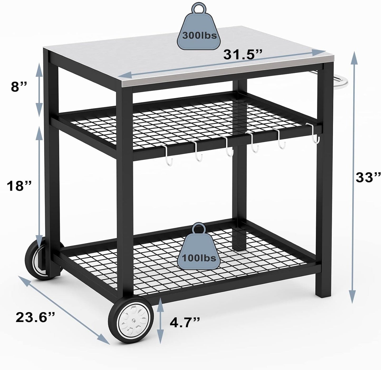 Stainless Steel Grill Cart Pizza Oven Stand Trolley Table with Wheels Pizza Cart Three-Shelf Movable Food Prep Work Dining Table with Double-Shelf Heavy Duty Outdoor 31.5" x 24 x 33.5