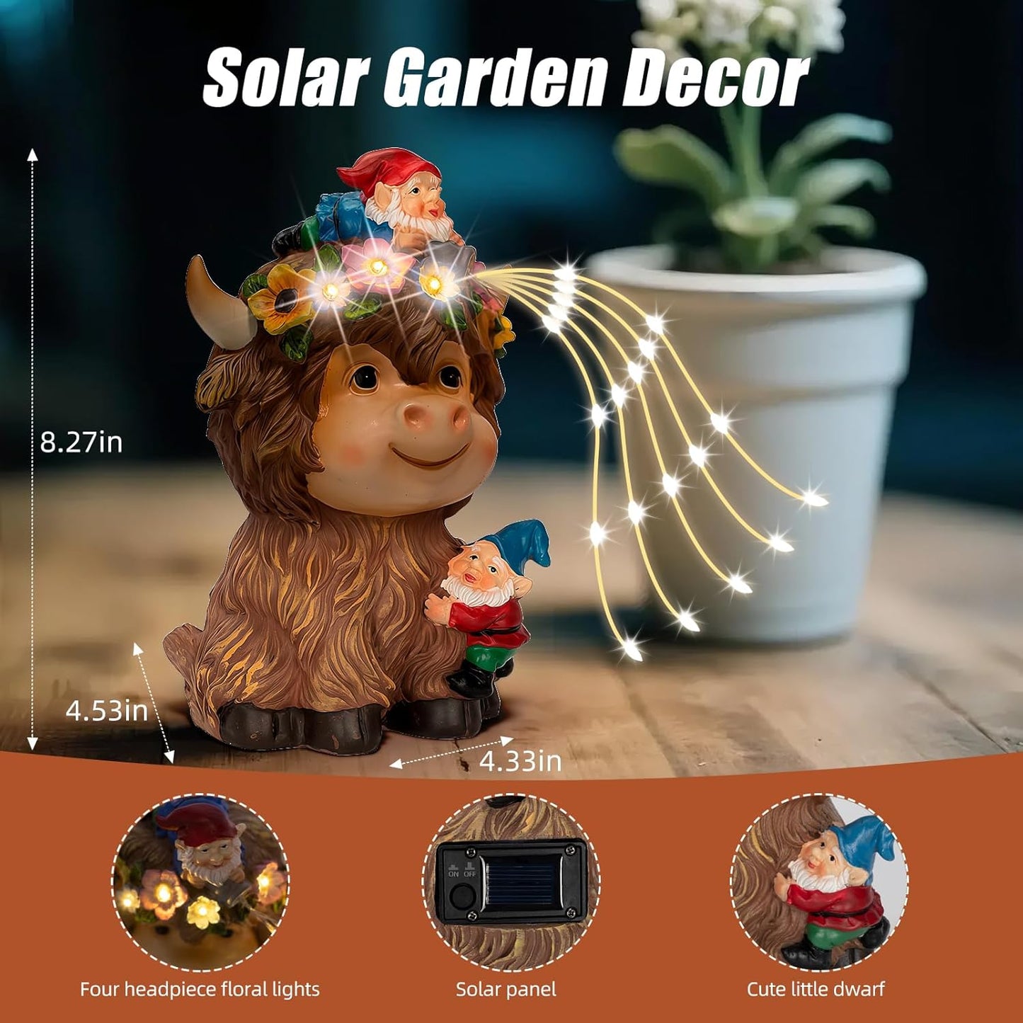 Solar Highland Cow Outdoor Statues for Garden: Outside Decor with Funny Gnomes Clearance for Yard Art Lawn Ornaments Porch Patio Balcony Home House - Birthday Gifts for Grandma Mom Women(Cow Gnome)