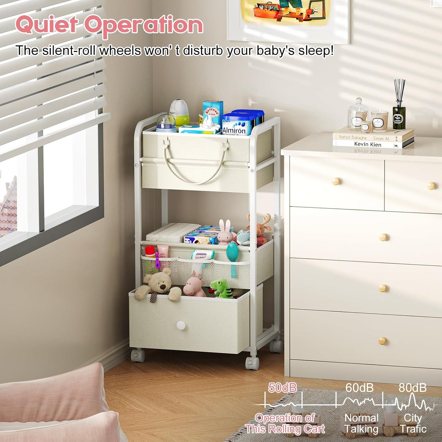 Cidaziya 2In1 Baby Diaper Caddy Organizer and Storage, 3 Tier Rolling Cart with Drawer, Mobile Utility Cart Baby Dresser Clothes Organizer for Crib, Art & Craft Storage, White, 17"W x 11.42"D x 33.5"H
