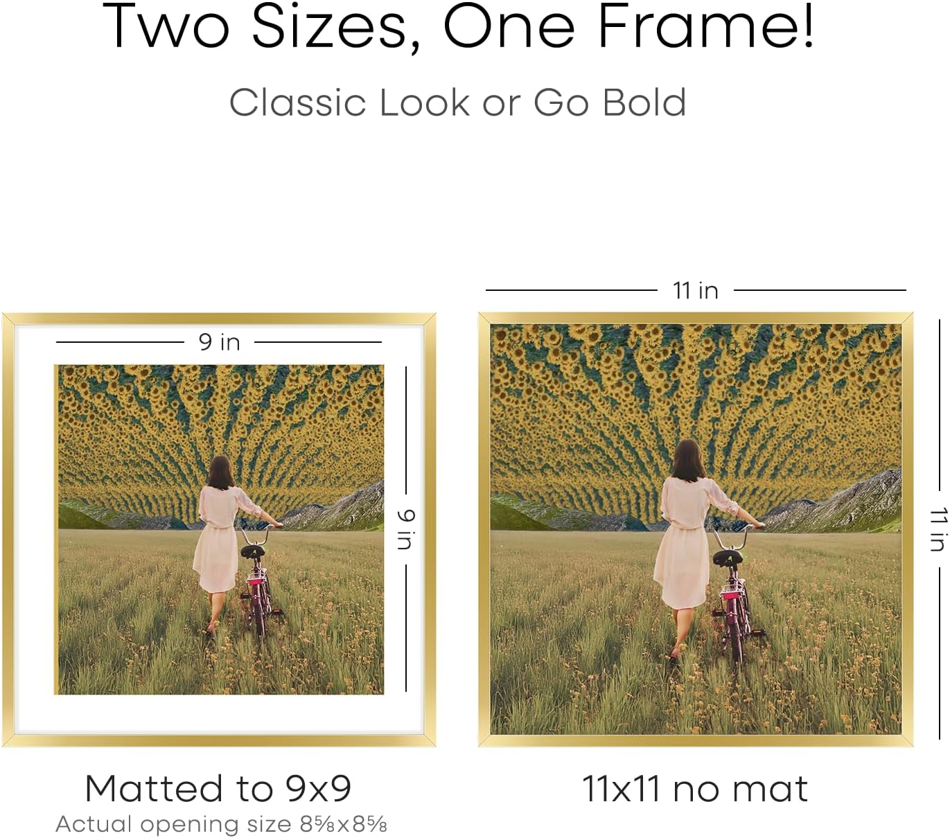 Homeforia 11x11 Picture Frame Gold, High End Metal 11 by 11 Square Frames with Mat 9 x 9 Photo, 11by11 Thin Poster Frame Matted to 9x9 inch Art, Wall Hanging Frames, Tempered Glass, Wall Kit, Set of 1