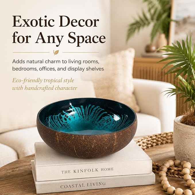 ChezMax Natural Coconut Bowl With Mother of Pearl Inlaid Shell - Key Holder for Entryway Table, Candy Container, Nuts and Dry Snacks Storage - Round Handcrafted Decoration