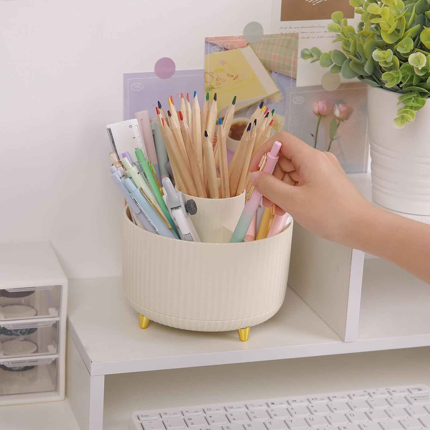 SKYDUE 360 Rotating Plastic Desk Pen Organizer with 5 Slots, Dual-Purpose Art Supply Pencil Cup for Office, School, Home