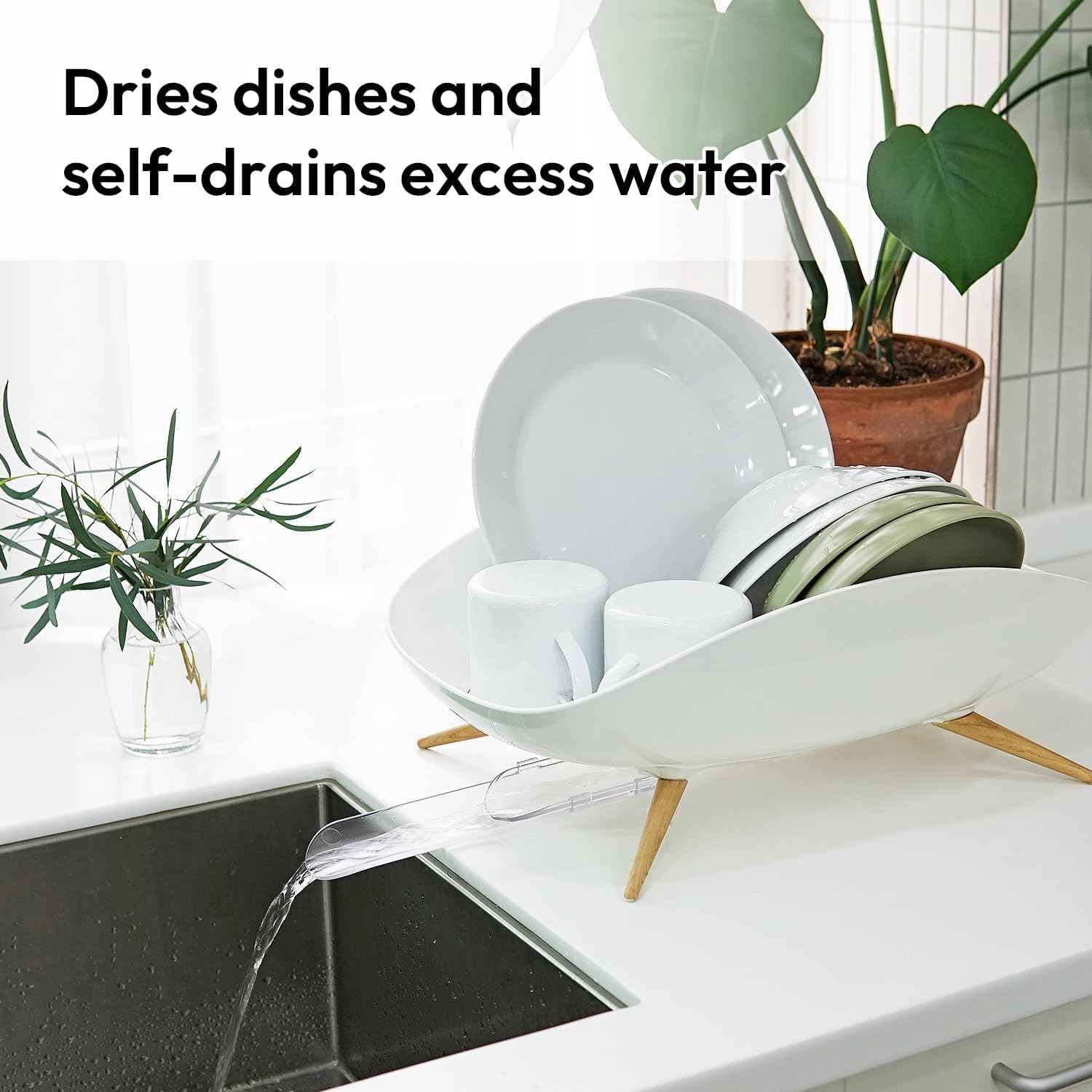 carrotez Dish Drying Rack, Dish Rack, Dish Drainer with Swivel Spout for Kitchen Counter, Auto Water Drainage, Durable, Rustproof, White