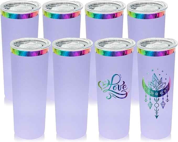 20 oz Skinny Tumblers Stainless Steel Tumbler with Lid and Straw Double Wall Vacuum Insulated Coffee Mug 20oz Powder Coated Cup for Hot and Cold Drinks(Purple,8 pack)
