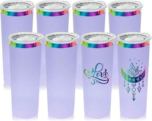 20 oz Skinny Tumblers Stainless Steel Tumbler with Lid and Straw Double Wall Vacuum Insulated Coffee Mug 20oz Powder Coated Cup for Hot and Cold Drinks(Purple,8 pack)