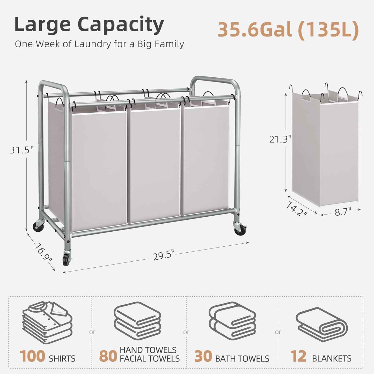 STORAGE MANIAC 3 Section Laundry Sorter, 35.6 Gal (135 L) Laundry Hamper Cart with Heavy Duty Rolling Lockable Wheels and Removable Bags, Clothes Organizer Basket Clothes Separator Hamper, Gray