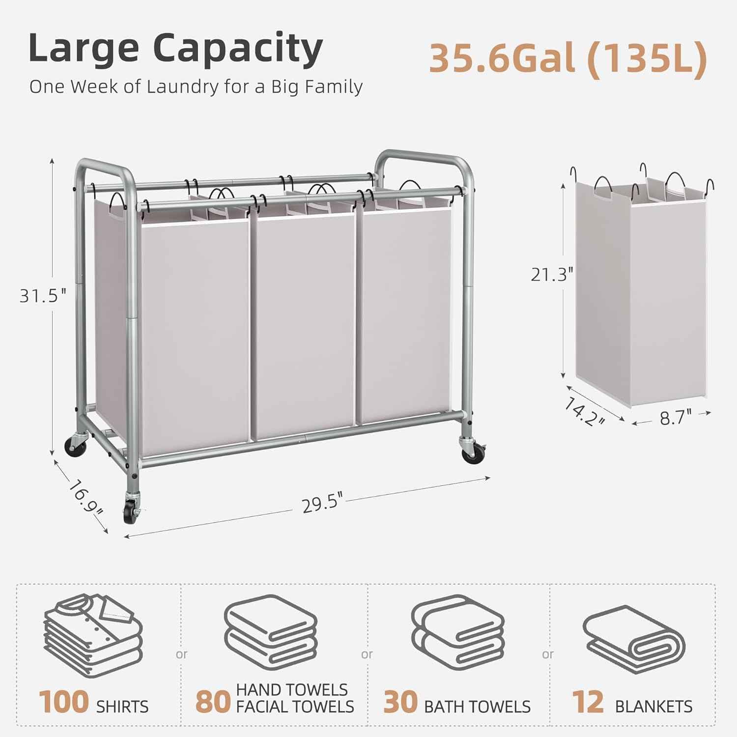 STORAGE MANIAC 3 Section Laundry Sorter, 35.6 Gal (135 L) Laundry Hamper Cart with Heavy Duty Rolling Lockable Wheels and Removable Bags, Clothes Organizer Basket Clothes Separator Hamper, Gray
