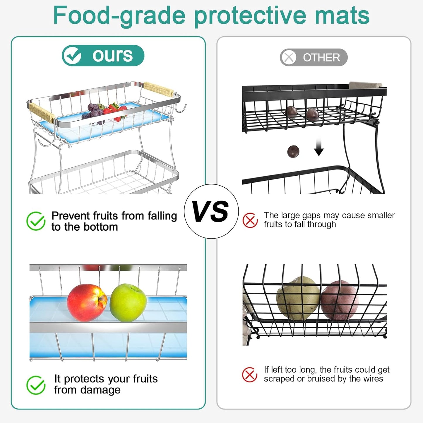 2 Tier Fruit Basket for Kitchen Counter with 2 Banana Hangers, 2025 Pro Detachable Metal Fruit Bowl with Wooden Handle,Fruit Holder for Bread Snack Veggies, Silvery