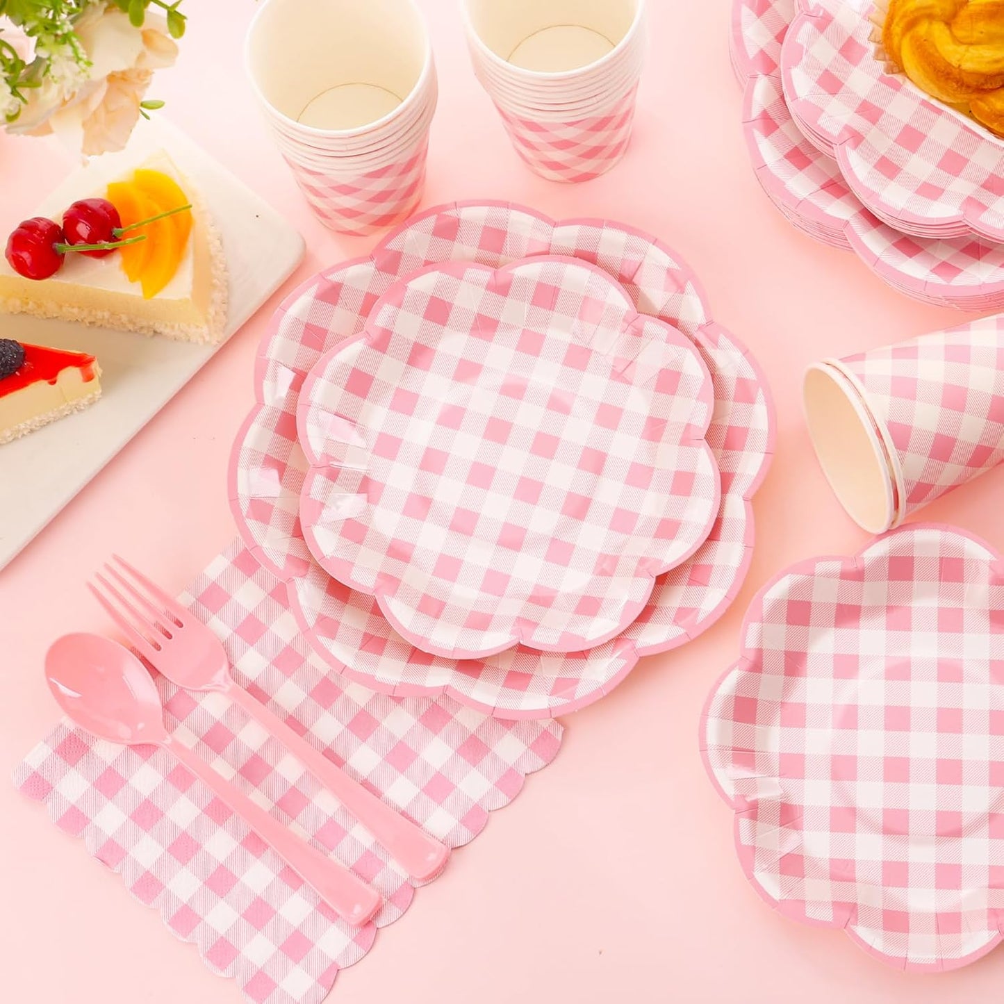 175 Pcs Pink Gingham Plates and Napkins Party Supplies - Pink and White Checkered Plates Sets Serve 25 Guests - Scalloped Gingham Paper Plate for Birthday Wedding Picnic Party Decorations