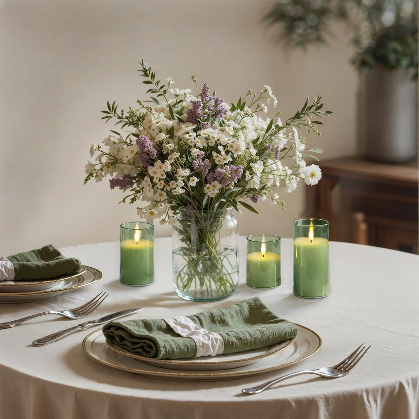 Homemory Green Glass Flameless Candles, Battery Operated LED Pillar Candles with Remote Control and Timer, Radiance Candles, Real Wax, Set of 3,D3 xH4 5" 6"